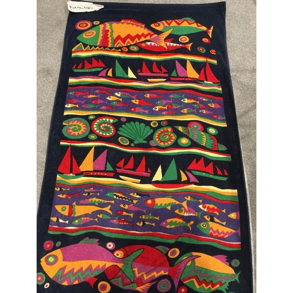 Vintage Beach Towel Featuring A Colorful Tropical Fish and Sailboat Design